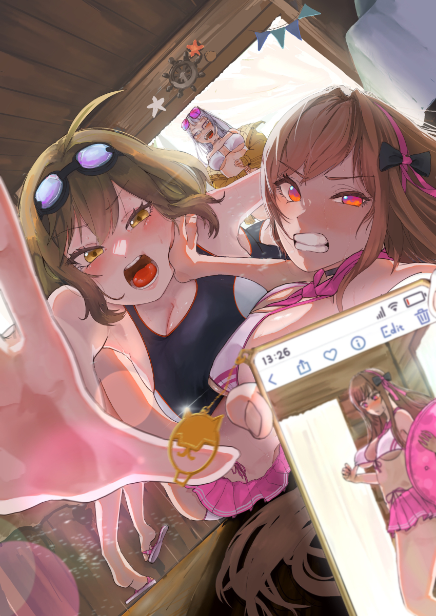 3girls, absurdres, ahoge, anis_(nikke), anis_(nikke)_(cosplay), anis_(sparkling_summer)_(nikke), arm_up, armpits