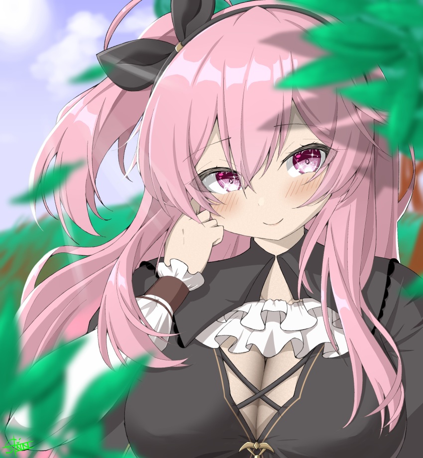 1girl, absurdres, azur_lane, black_dress, black_hairband, blue_sky, blurry, blurry_background, blush, breasts, cleavage, cleavage_cutout, closed_mouth, clothing_cutout, cloud, cloudy_sky, dress, emanuele_pessagno_(azur_lane), fountain_haze, frilled_dress, frills, hairband, hand_up, highres, large_breasts, long_hair, long_sleeves, looking_at_viewer, one_side_up, outdoors, pink_eyes, pink_hair, signature, sky, smile, solo, sparkling_eyes, upper_body, white_sleeves