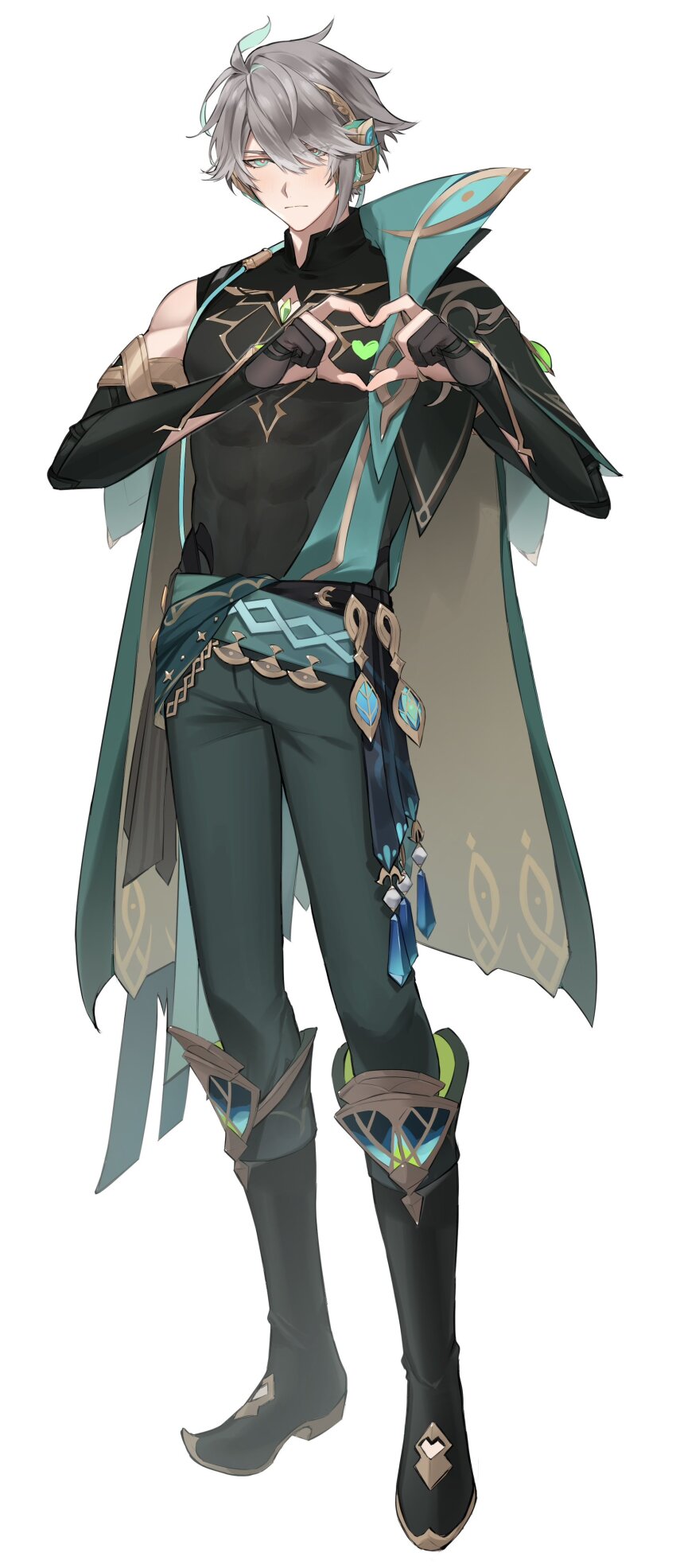 1boy, absurdres, ahoge, alhaitham_(genshin_impact), arabian_clothes, black_gloves, black_shirt, cape