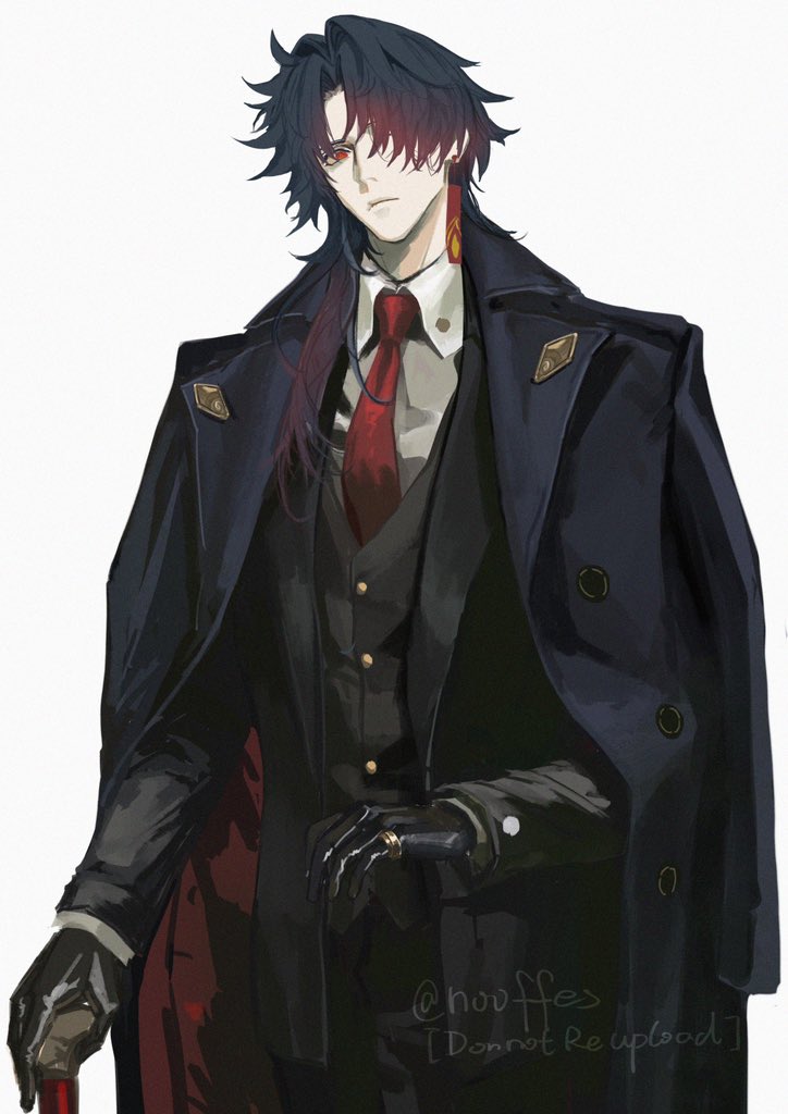 1boy, alternate_costume, black_gloves, black_pants, black_sleeves, blade_(honkai:_star_rail), blade_(jepella_rebellion)_(honkai:_star_rail), closed_mouth, coat, earrings, english_text, formal_clothes, gloves, honkai:_star_rail, honkai_(series), jewelry, long_hair, looking_at_viewer, male_focus, necktie, nooffes, pants, parted_bangs, red_eyes, red_necktie, shirt, solo, standing, twitter_username, upper_body, white_shirt