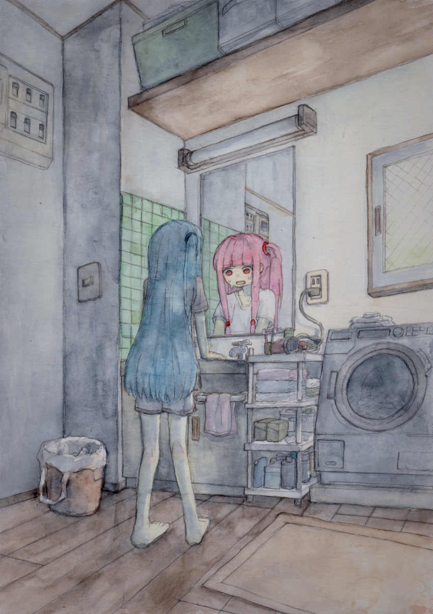 2girls, absurdres, barefoot, bathroom, blue_hair, bone_71, commentary_request, different_reflection