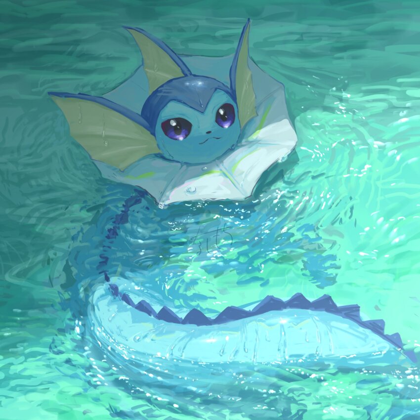 aqua_theme, closed_mouth, day, fins, gen_1_pokemon, head_fins, highres, light_smile, looking_at_viewer, looking_up, nashimochi_4, nintendo, no_humans, outdoors, partially_submerged, pokemon, pokemon_(creature), purple_eyes, ripples, smile, solo, swimming, vaporeon, water