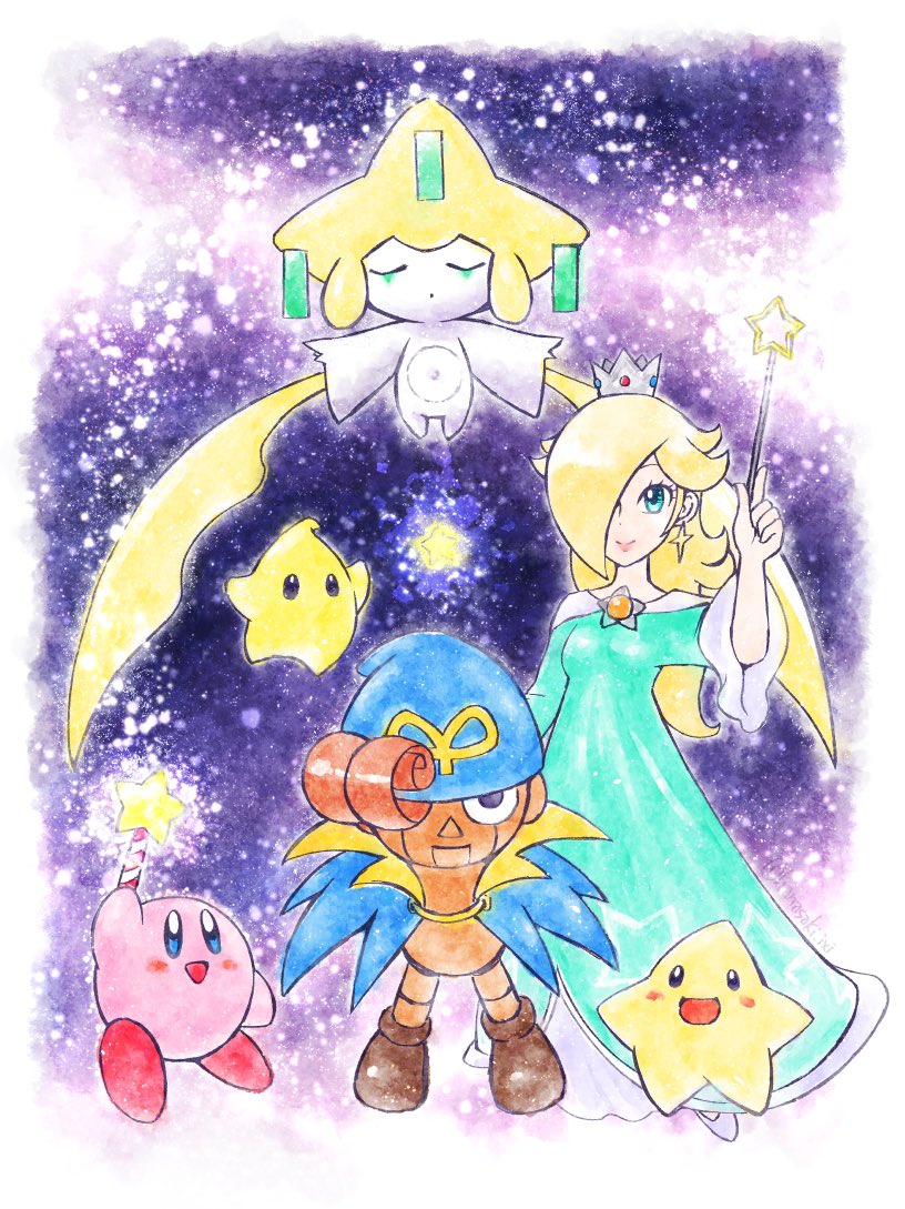 1girl, blonde_hair, blue_dress, blue_eyes, blue_headwear, closed_eyes, creature, crown, densetsu_no_stafy, dress, gen_3_pokemon, geno_(mario), hair_over_one_eye, hanasaki_(1470267), holding, holding_wand, jirachi, kirby, kirby_(series), legendary_pokemon, looking_at_viewer, luma_(mario), mario_(series), mythical_pokemon, nintendo, pokemon, pokemon_(creature), rosalina, smile, solid_oval_eyes, star_(sky), star_(symbol), star_rod, starfy, super_mario_galaxy, super_mario_rpg, trait_connection, wand