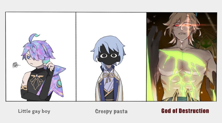 3boys, ahoge, alhaitham_(genshin_impact), alternate_hair_color, angry, arabian_clothes, black_eyes, black_gloves, blonde_hair, blue_hair, closed_mouth, commentary, company_connection, cosplay, crossed_arms, dkjr, elbow_gloves, english_commentary, english_text, feather_hair_ornament, feathers, fingerless_gloves, genshin_impact, gloves, hair_between_eyes, hair_ornament, hair_over_one_eye, highres, honkai:_star_rail, honkai_(series), japanese_clothes, kamisato_ayato, kaveh_(genshin_impact), looking_at_viewer, male_focus, multiple_boys, muscular, muscular_male, nanook_(honkai:_star_rail), nanook_(honkai:_star_rail)_(cosplay), no_nipples, parted_lips, pectorals, red_eyes, simple_background, single_bare_shoulder, topless_male, upper_body, white_background