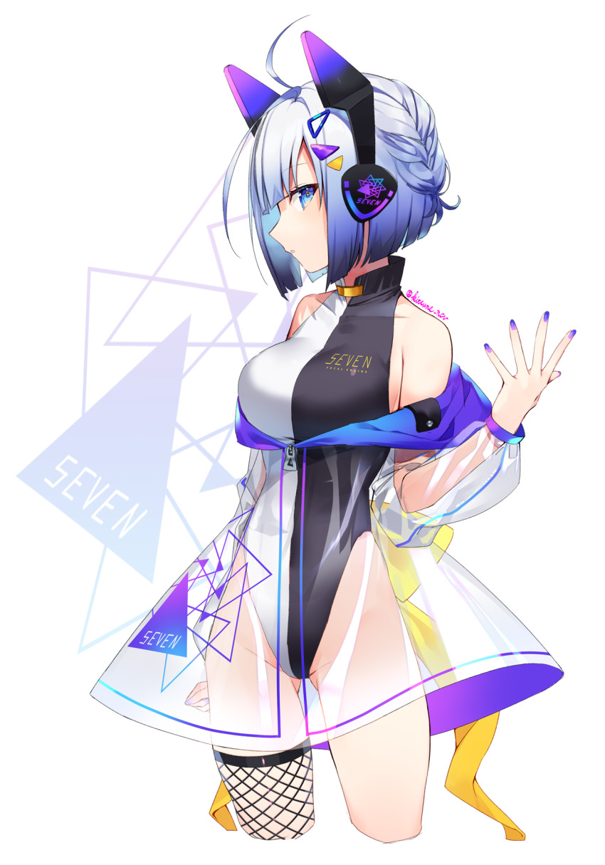 1girl, ahoge, back_bow, black_leotard, blue_eyes, blunt_bangs, blunt_ends, bob_cut