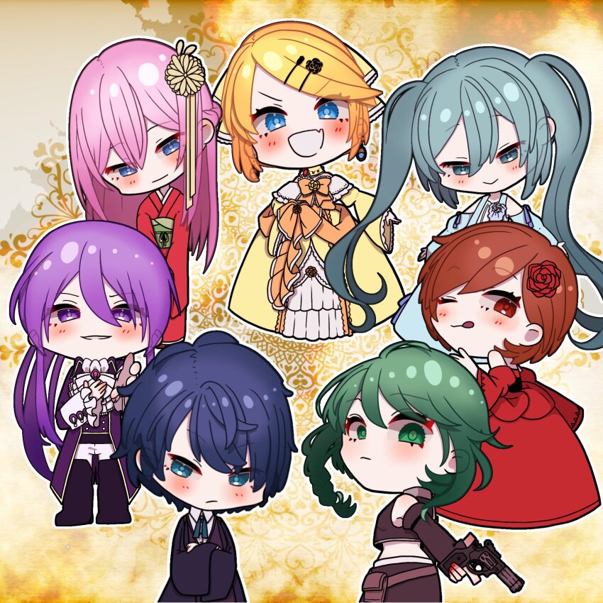 >:), 2boys, 5girls, :d, ;p, aku_no_musume_(vocaloid), akujiki_musume_conchita_(vocaloid), akutoku_no_judgement_(vocaloid)