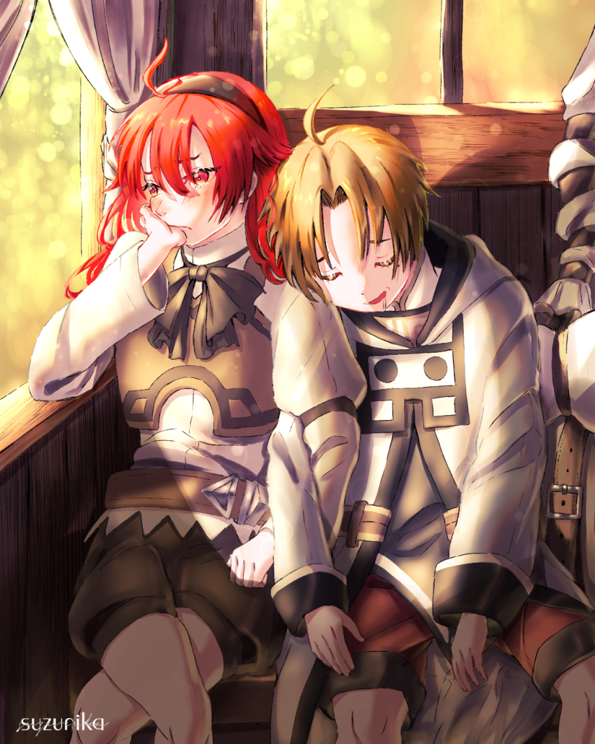 1boy, 1girl, ahoge, belt, black_headband, black_ribbon, blonde_hair, blurry, blush, bokeh, bow, buckle, closed_eyes, commentary_request, curtains, depth_of_field, dress, eris_greyrat, hair_between_eyes, head_rest, headband, highres, jacket, long_hair, long_sleeves, looking_outside, making-of_available, mushoku_tensei, neck_ribbon, open_mouth, red_eyes, red_hair, ribbon, rudeus_greyrat, shirt, short_hair, shorts, sitting, skirt, sleeping, smile, suzurika26, vest, white_shirt, window