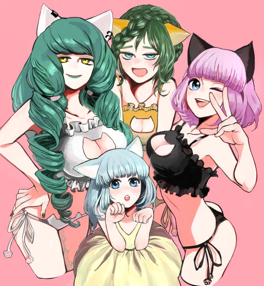 4girls, animal_cutout, animal_ears, anne_petriceani, bell, black_bra, black_panties, bra
