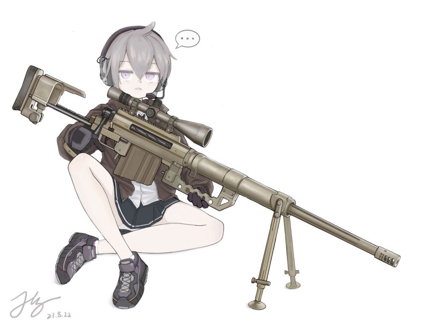1girl, black_skirt, bolt_action, brown_jacket, cheytac_m200, dated, girls'_frontline, grey_hair