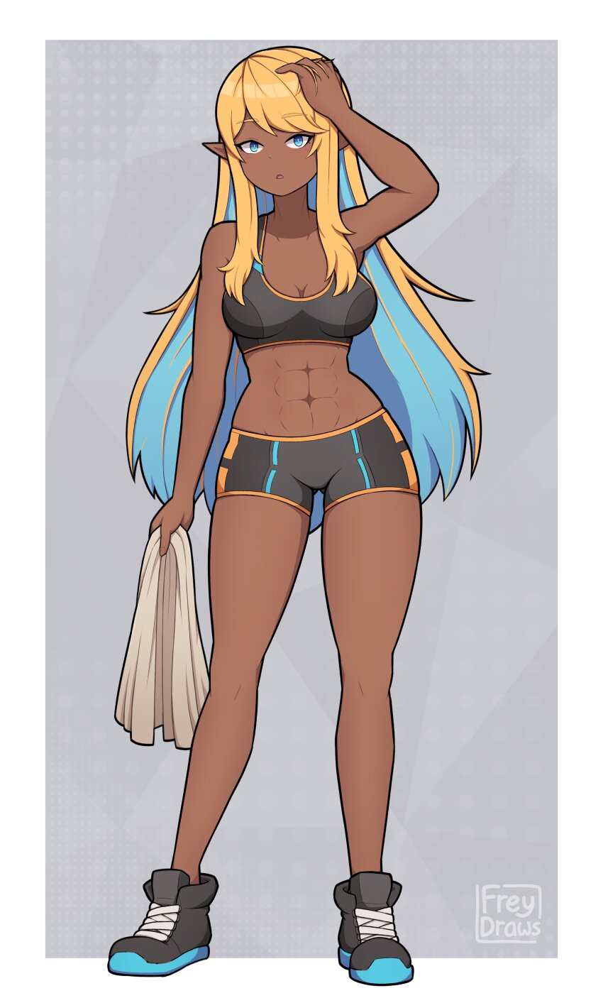 1girl, abs, absurdres, arm_up, bare_arms, bare_shoulders, black_shoes, black_shorts