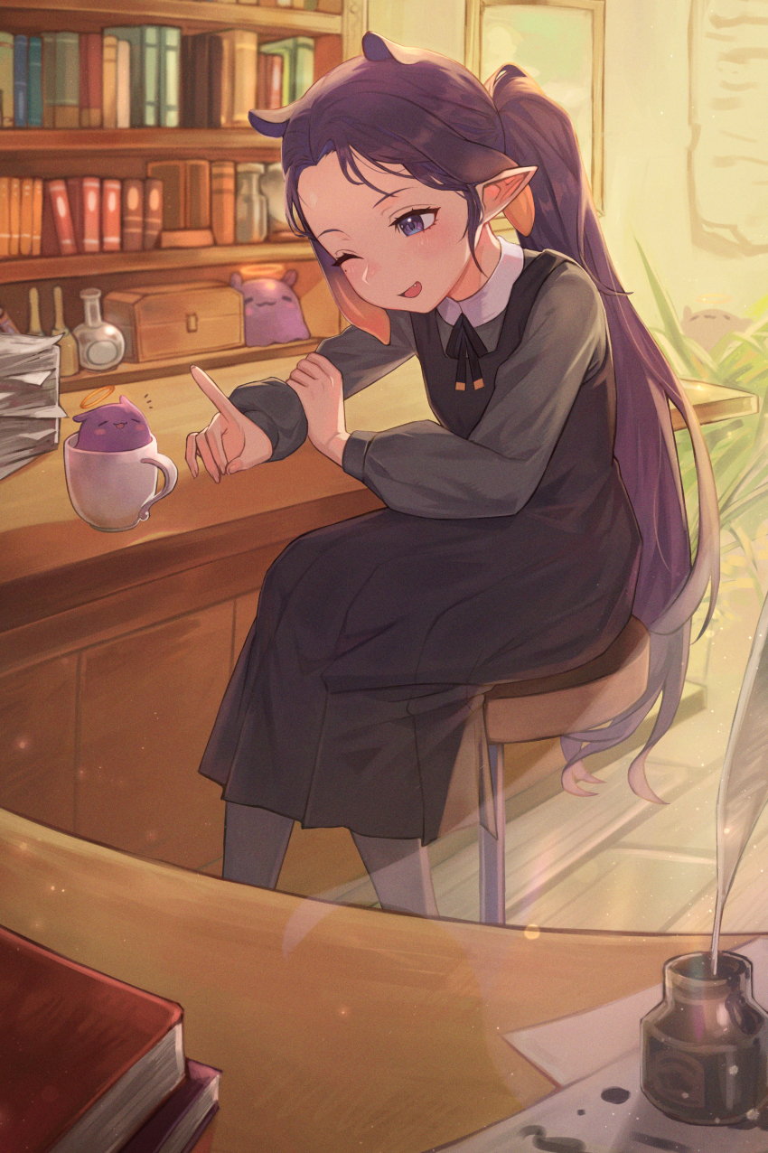 1girl, absurdres, black_dress, book, chair, dress, fang, grey_eyes