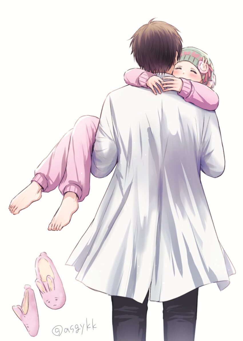 1boy, 1girl, ^_^, amamiya_gorou, animal_slippers, asgykk, bald, bald_female