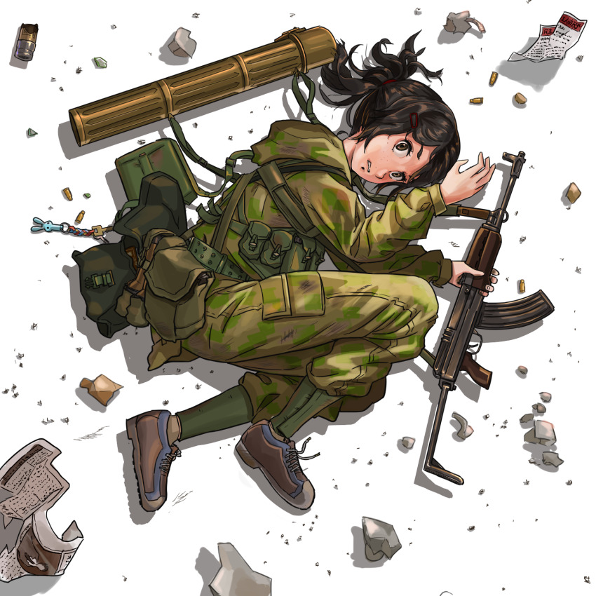 1girl, ammunition_pouch, bag, blue_shoes, brown_shoes, buckle, camouflage, debris, gun, hair_ornament, hair_spread_out, hairclip, highres, hood, hood_down, load_bearing_equipment, military, military_fatigues, military_uniform, multicolored_pants, multicolored_shoes, nikolai_ezhov, on_ground, open_bag, original, pants, pants_tucked_in, ponytail, pouch, puttee, rocket_launcher, rpg_(weapon), shoes, snap-fit_buckle, two-tone_shoes, vz._58, weapon