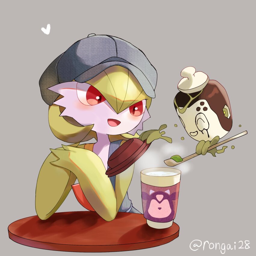 artist_name, blush, clothed_pokemon, cup, disposable_coffee_cup, disposable_cup, elbows_on_table, gardevoir