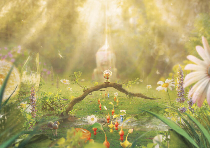 1boy, alien, large_nose, blue_pikmin, blue_skin, branch, brown_hair, bud, buttons, closed_eyes, colored_skin, commentary, daisy_(flower), dandelion, dandelion_clock, dandelion_seed, english_commentary, flower, forest, from_behind, gloves, grass, helmet, landscape, lavender_(flower), leaf, nature, nintendo, olimar, orioto, outdoors, outstretched_arm, pellet_(pikmin), pikmin_(creature), pikmin_(series), pikmin_1, pointing, pointy_ears, radio_antenna, red_gloves, red_pikmin, red_skin, river, s.s._dolphin, short_hair, space_helmet, spacesuit, sunlight, tiny, tree, very_short_hair, whistle, white_flower, yellow_pikmin, yellow_skin