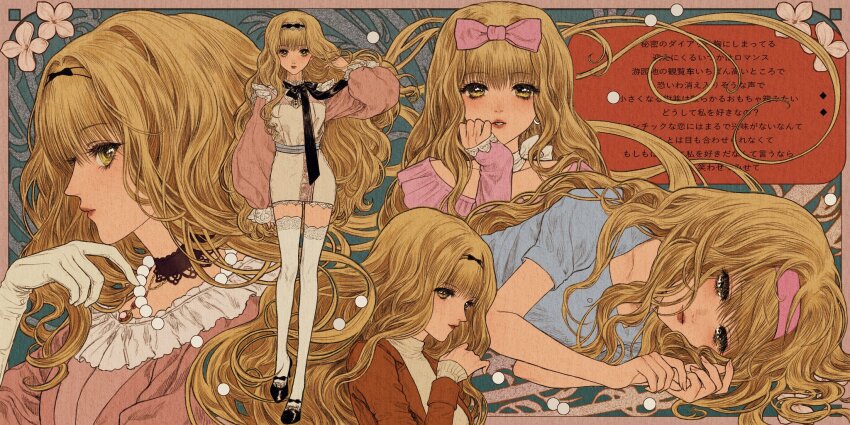 1girl, alternate_costume, black_bow, black_choker, black_footwear, black_hairband, blonde_hair, blue_shirt