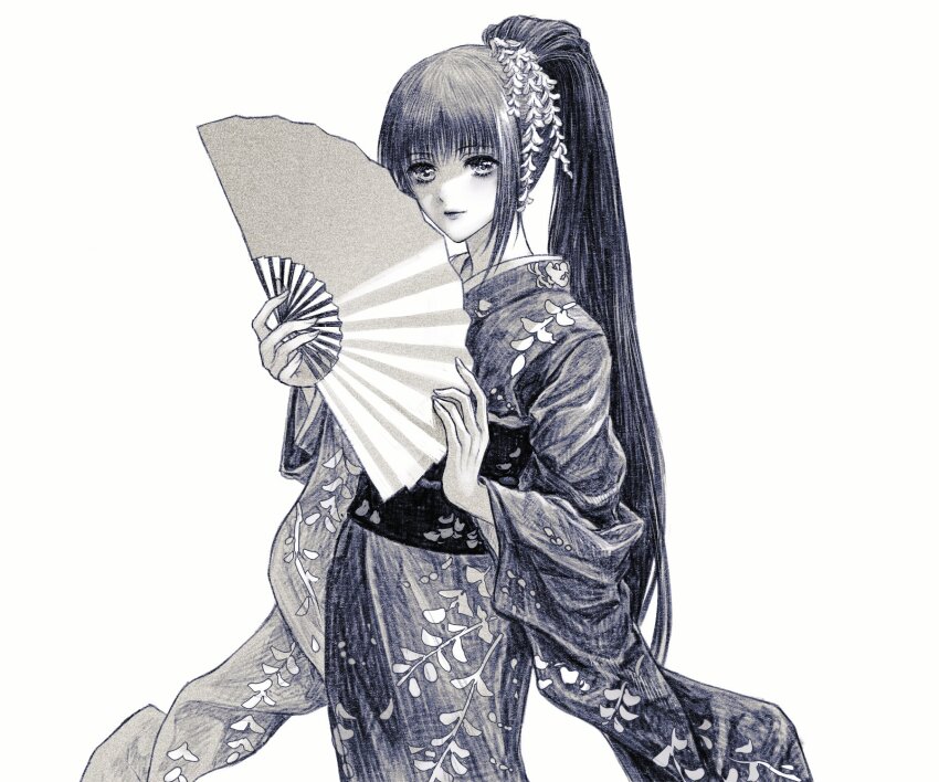 1girl, alternate_costume, black_hair, floral_print, floral_print_kimono, flower, fujisaki_nadeshiko, hair_flower