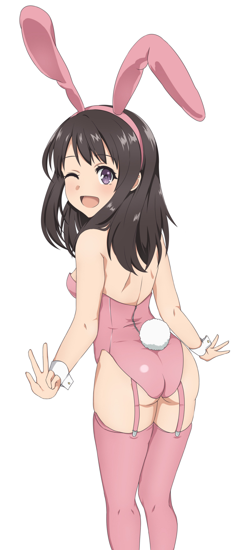 1girl, absurdres, animal_ears, ass, black_hair, bow, bowtie, detached_collar