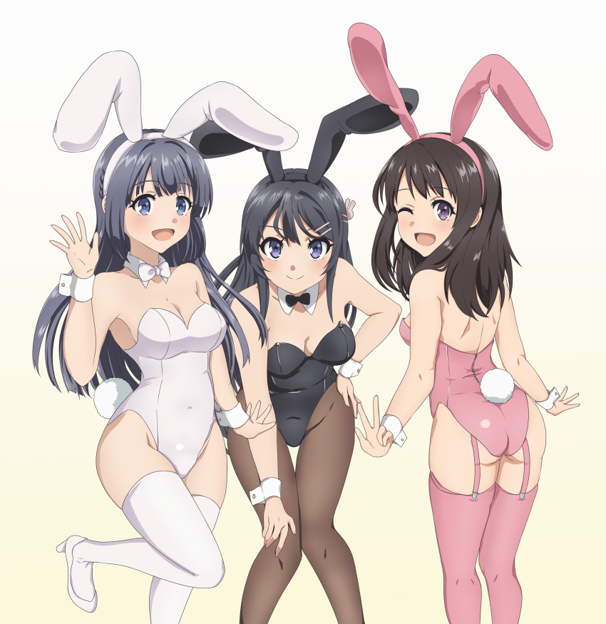 3girls, absurdres, animal_ears, ass, black_bow, black_bowtie, black_hair, black_leotard, black_pantyhose, bow, bowtie, breasts, cleavage, commission, detached_collar, feet_out_of_frame, from_behind, garter_straps, grey_eyes, hand_on_own_thigh, high_heels, highres, hirokawa_uzuki, leaning_forward, leotard, long_hair, looking_at_viewer, makinohara_shouko, medium_breasts, medium_hair, multiple_girls, nazunazu, pantyhose, pink_leotard, pink_thighhighs, pixiv_commission, playboy_bunny, purple_eyes, rabbit_ears, rabbit_tail, sakurajima_mai, seishun_buta_yarou, simple_background, smile, standing, standing_on_one_leg, strapless, strapless_leotard, swept_bangs, tail, thighhighs, v, waving, white_background, white_bow, white_bowtie, white_footwear, white_thighhighs, wrist_cuffs