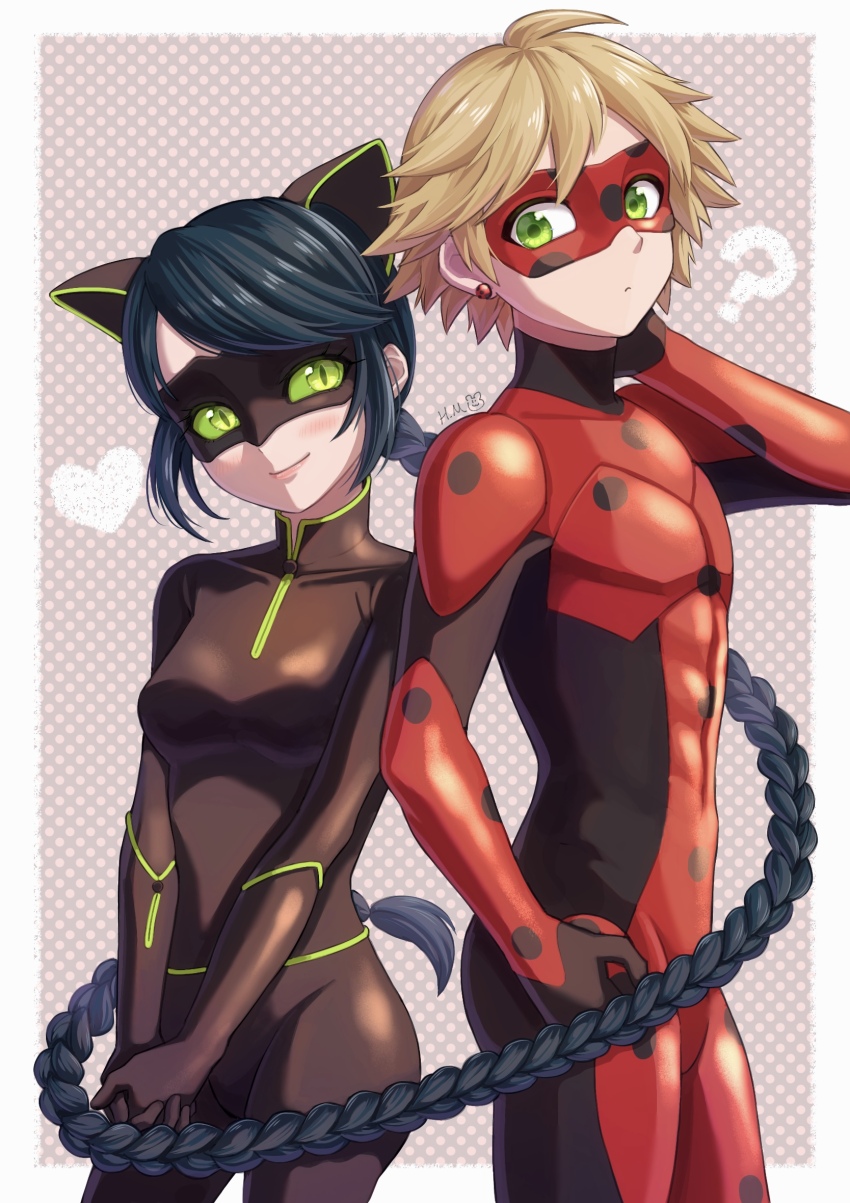 1boy, 1girl, adrien_agreste, animal_ears, black_bodysuit, black_mask, blonde_hair, blue_hair