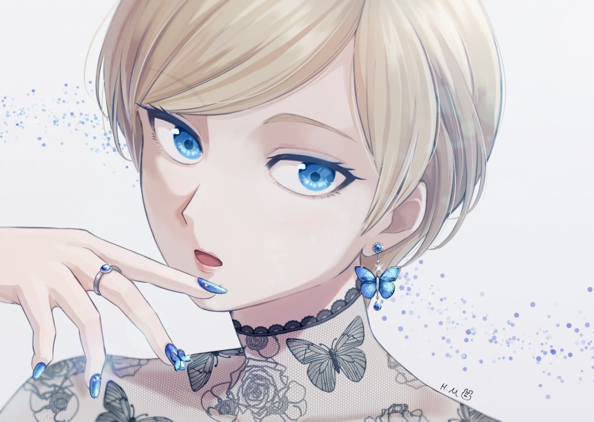 1girl, blonde_hair, blue_eyes, blue_nails, bug, butterfly, butterfly_earrings, dress