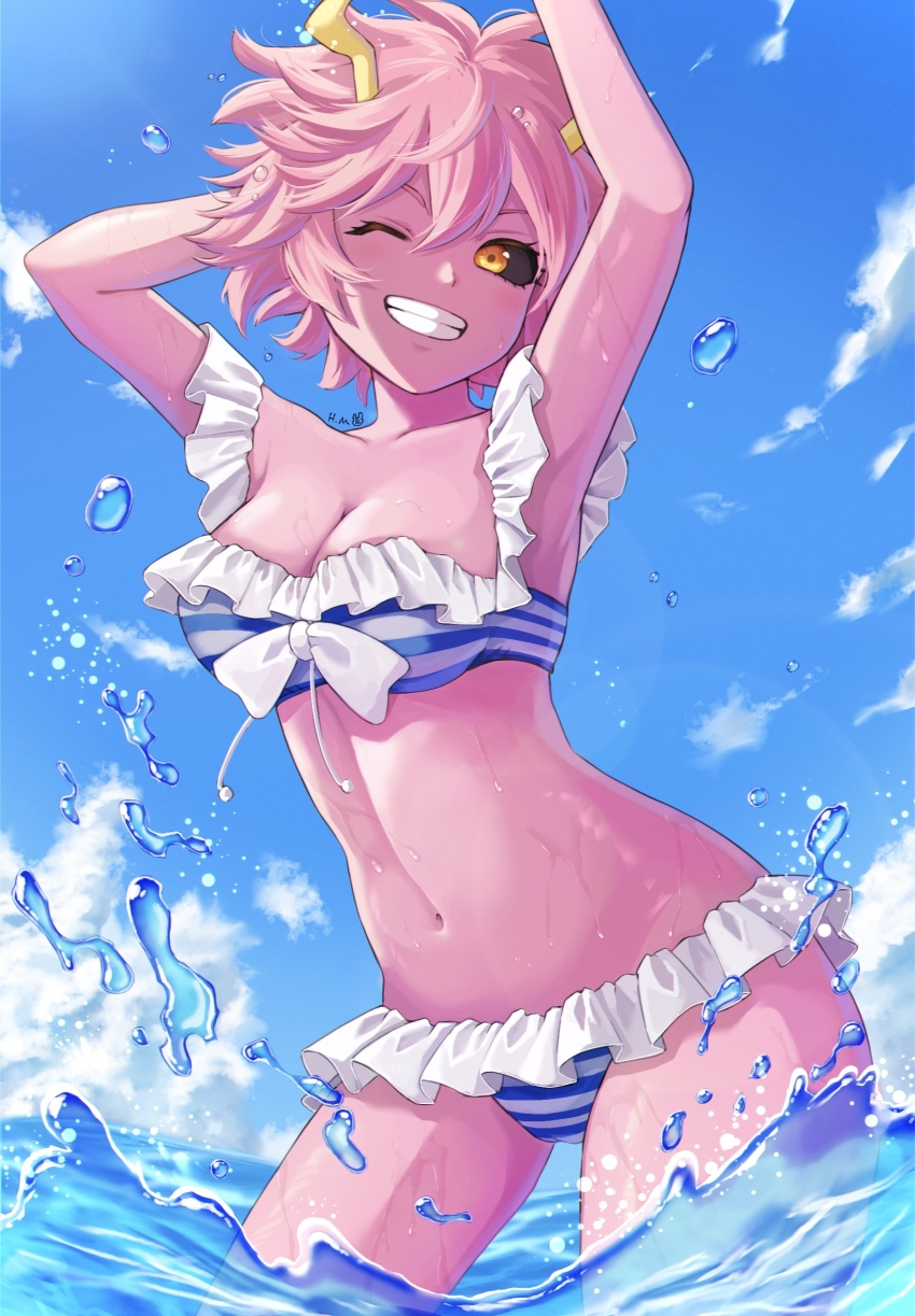 ashido_mina, beach, bikini, black_sclera, blue_sky, boku_no_hero_academia, breasts, colored_sclera, colored_skin, highres, hm89509321, horns, medium_breasts, multicolored_hair, navel, one_eye_closed, pink_hair, pink_skin, short_hair, sky, smile, solo, stomach, streaked_hair, striped_bikini, striped_clothes, swimsuit, teeth, water_drop, yellow_eyes