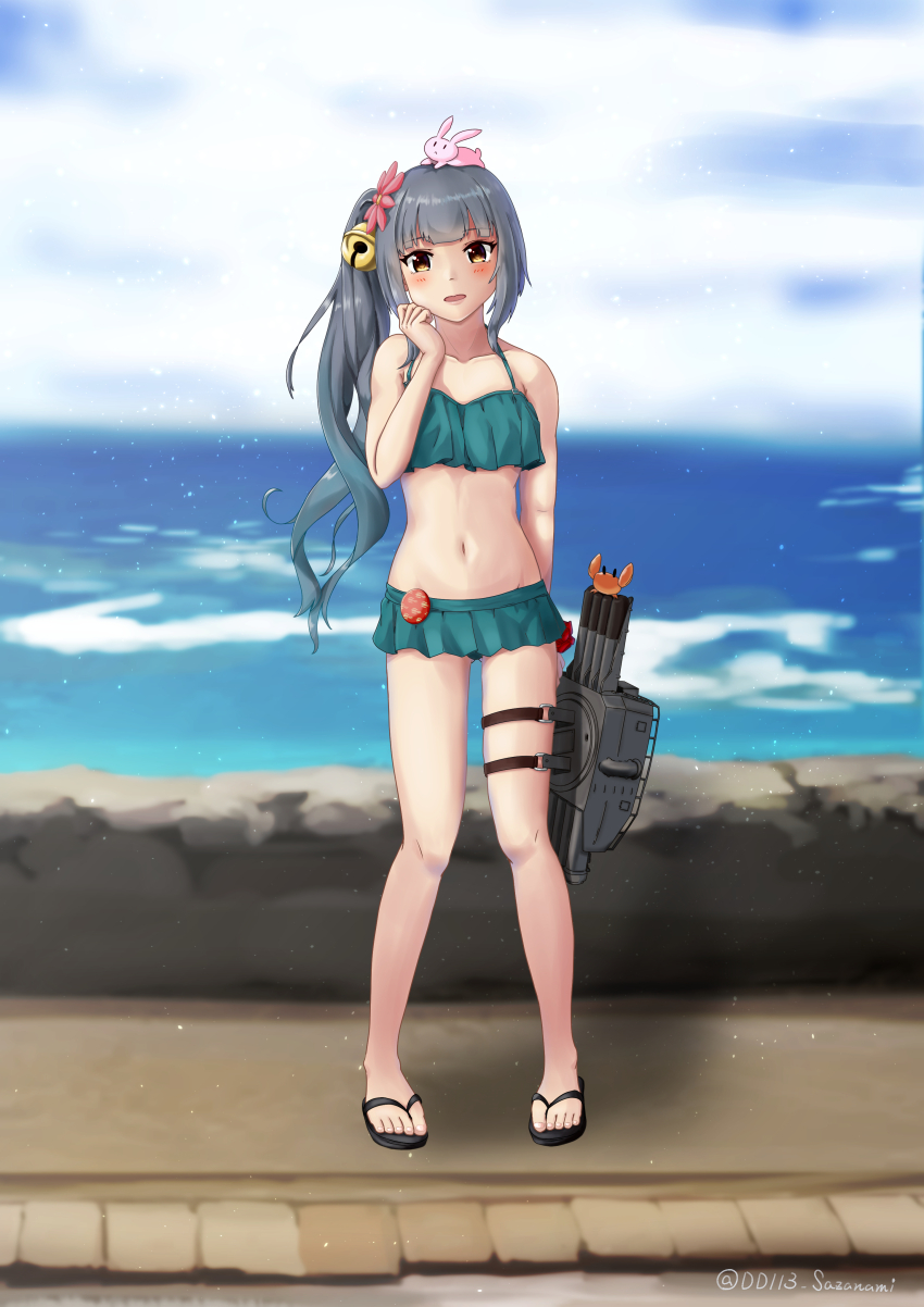 1girl, absurdres, animal, animal_on_head, badge, bell, bikini, bikini_skirt, blue_sky, brown_eyes, cloud, crab, day, flip-flops, flower, full_body, green_bikini, grey_hair, hair_bell, hair_flower, hair_ornament, highres, horizon, jingle_bell, kantai_collection, kasumi_(kancolle), kasumi_kai_ni_(kancolle), kasumi_kai_ni_(swimsuit)_(kancolle), long_hair, navel, ocean, on_head, outdoors, rabbit, rabbit_on_head, sandals, side_ponytail, sidewalk, sky, solo, sorairo_haruka, standing, swimsuit, torpedo_launcher