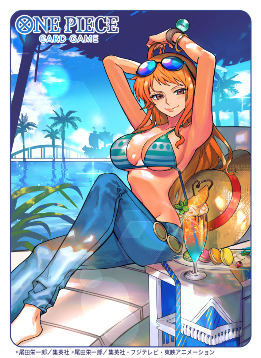 1girl, arm_behind_head, armpits, arms_up, bangle, barefoot, beach, beach_chair, bikini, bikini_top_only, blue-tinted_eyewear, blue_pants, blue_sky, bracelet, breasts, brown_eyes, cleavage, closed_mouth, cloud, cloudy_sky, commentary_request, cup, day, denim, drinking_glass, drinking_straw, eyewear_on_head, feet_out_of_frame, food, fruit, green_bikini, hand_in_own_hair, hat, highres, holding, holding_own_hair, jeans, jewelry, knee_up, large_breasts, light_blush, lips, log_pose, long_hair, looking_at_viewer, mandarin_orange, midriff, nami_(one_piece), nami_(one_piece)_(return_to_sabaody), navel, ocean, official_alternate_costume, official_art, one_piece, one_piece_card_game, orange_hair, outdoors, palm_tree, pants, single_sidelock, sitting, sky, smile, solo, straw_hat, striped_bikini, striped_clothes, sunglasses, sunohara_(encount), swimsuit, thousand_sunny, tinted_eyewear, tree, unworn_headwear, water
