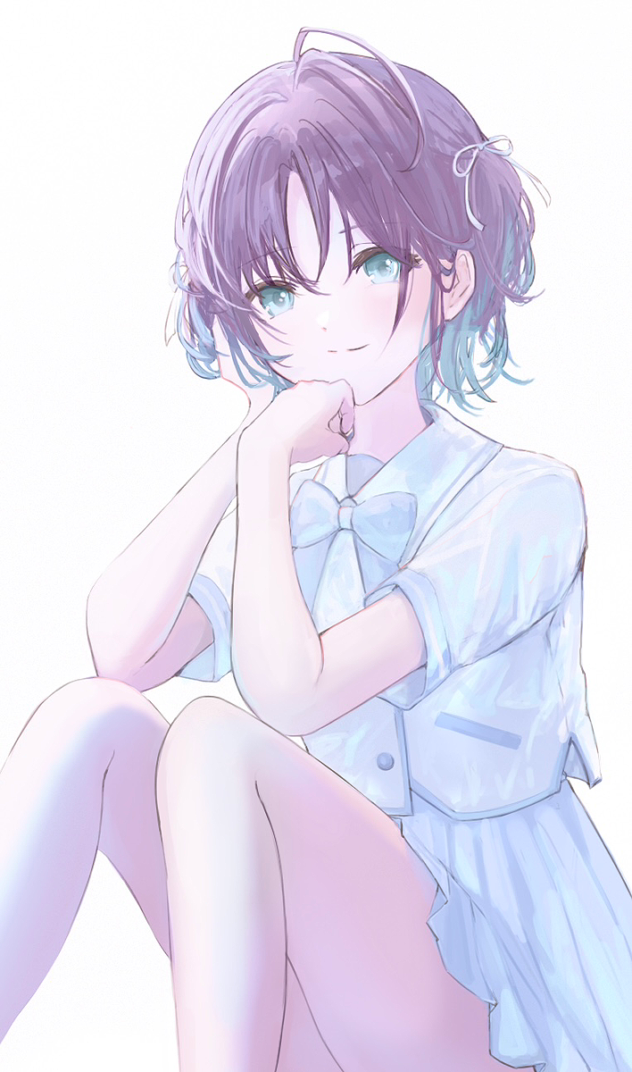 1girl, ahoge, asakura_toru, bare_legs, bow, commentary_request, gradient_hair, highres