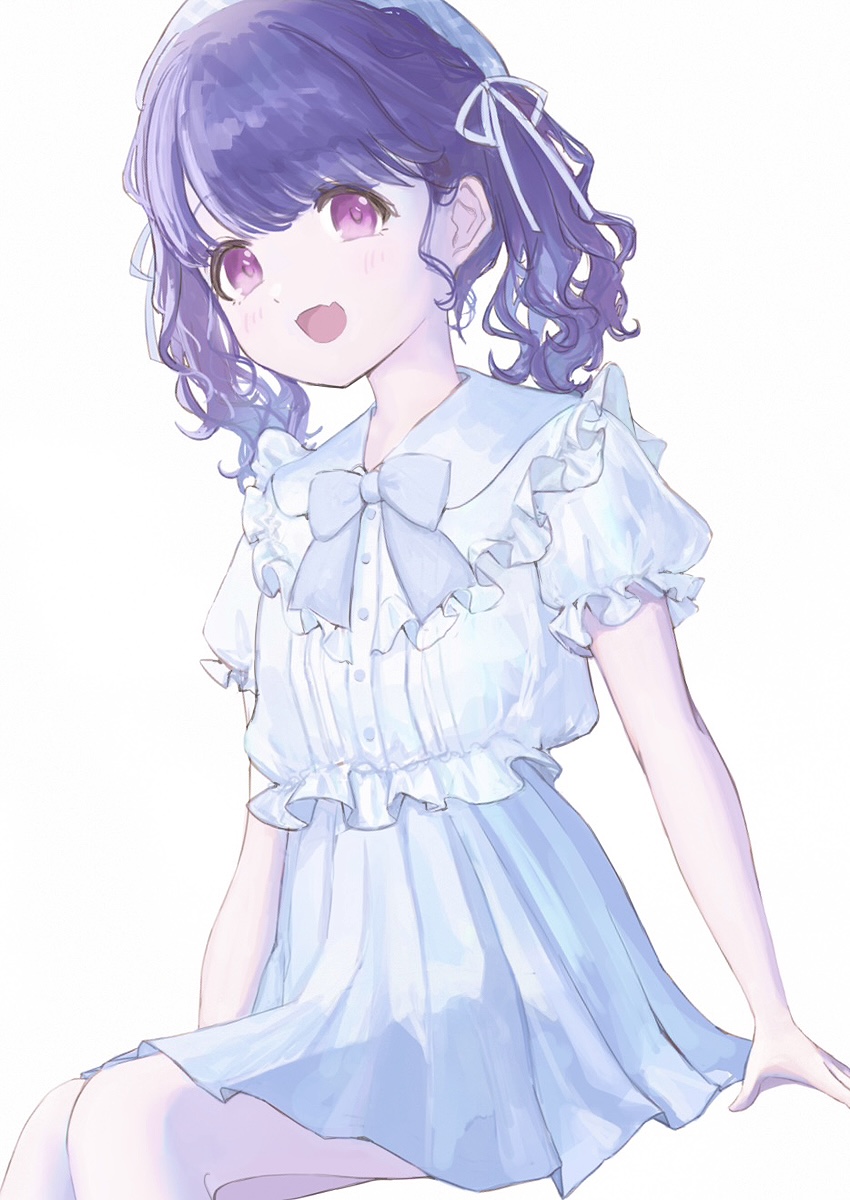 1girl, beret, bow, commentary_request, fangs, fukumaru_koito, hat, highres