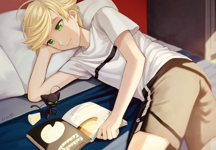 1boy, 1other, adrien_agreste, bed, black_shorts, blonde_hair, book, cheesecake