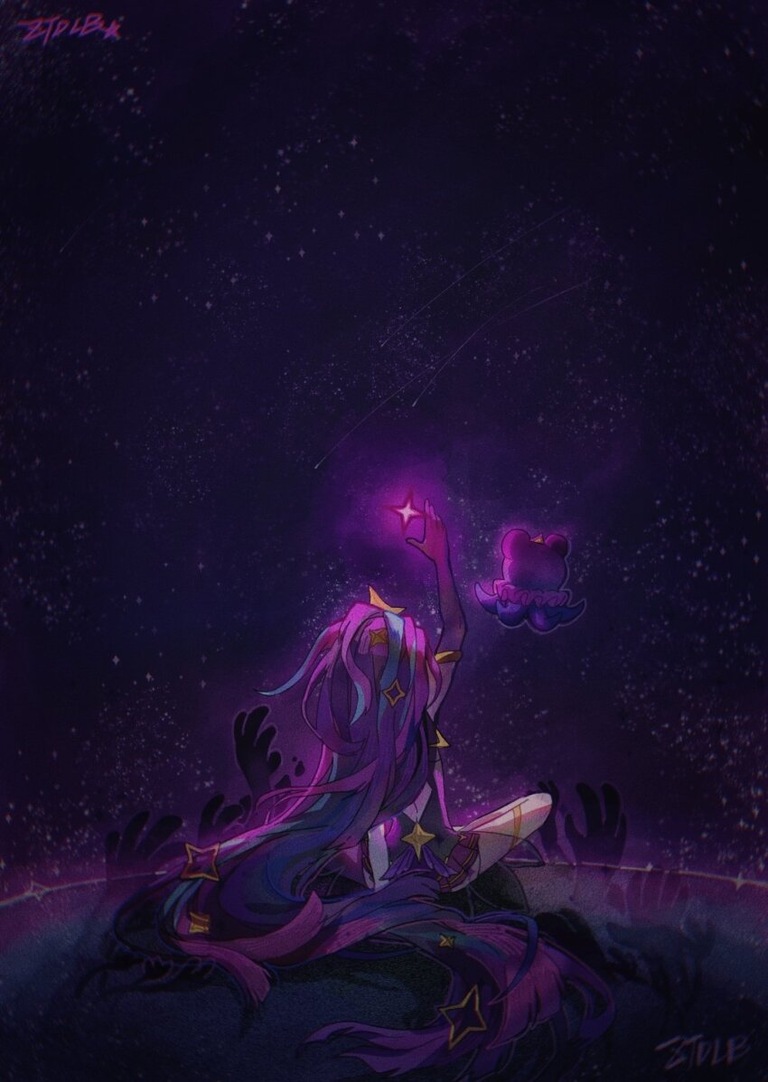 1girl, absurdly_long_hair, arm_up, artist_name, black_gloves, from_behind, gloves, hair_ornament