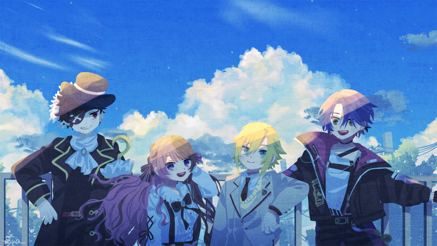 1girl, 3boys, ascot, belt, black_bow, black_coat, black_hair, black_jacket