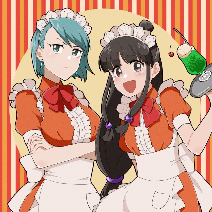 2girls, :d, ace_attorney, apron, arm_at_side, back_bow, beads, black_hair, blue_eyes, blue_hair, blunt_bangs, blush, bow, bowtie, buttons, caramelrag, center_frills, closed_mouth, collared_dress, cowboy_shot, crossed_arms, dress, earrings, food, franziska_von_karma, frilled_apron, frills, grey_eyes, hair_beads, hair_ornament, hand_up, highres, holding, holding_tray, ice_cream, ice_cream_float, jewelry, long_hair, looking_at_viewer, low-tied_long_hair, low-tied_sidelocks, maid, maid_apron, maid_headdress, maya_fey, melon_soda, mole, mole_under_eye, multiple_girls, open_mouth, orange_dress, pocket, puffy_short_sleeves, puffy_sleeves, red_bow, red_bowtie, short_hair, short_sleeves, sidelocks, smile, sphere_hair_ornament, swept_bangs, topknot, tray, tres_bien_maid_uniform, v-shaped_eyebrows, white_apron, white_bow