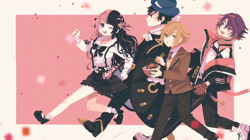 1girl, 3boys, ascot, asymmetrical_legwear, black_bow, black_coat, black_hair, black_jacket