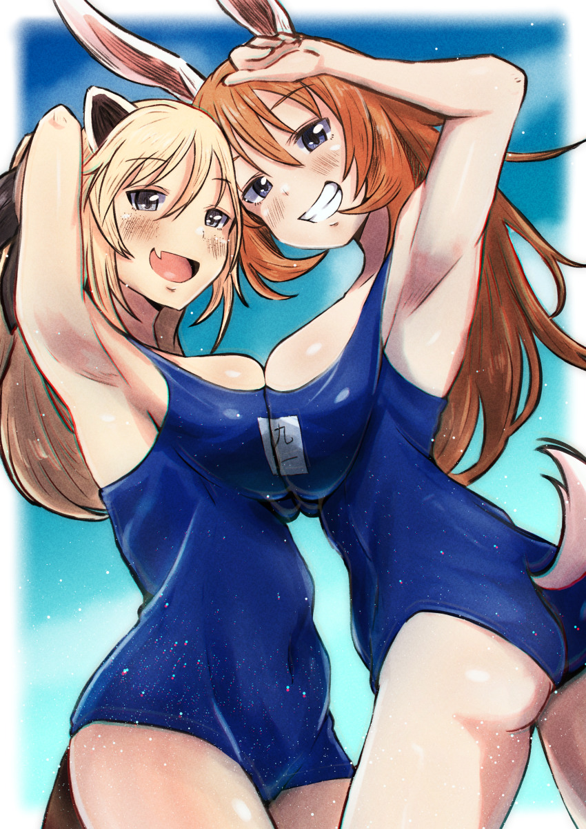2girls, absurdres, animal_ears, armpits, ass, blonde_hair, breast_press, breasts, charlotte_e._yeager, hair_ribbon, highres, katharine_o'hare, large_breasts, long_hair, multiple_girls, one-piece_swimsuit, orange_hair, rabbit_ears, rabbit_tail, raccoon_ears, ribbon, strike_witches, strike_witches:_suomus_misfits_squadron, swimsuit, symmetrical_docking, tail, tama_kitsune, wet, world_witches_series