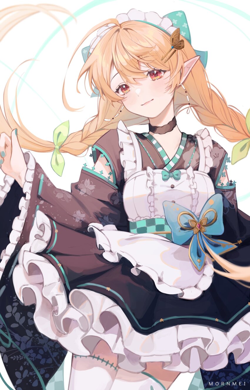 1girl, absurdres, apron, black_choker, black_kimono, blonde_hair, blue_bow, bow