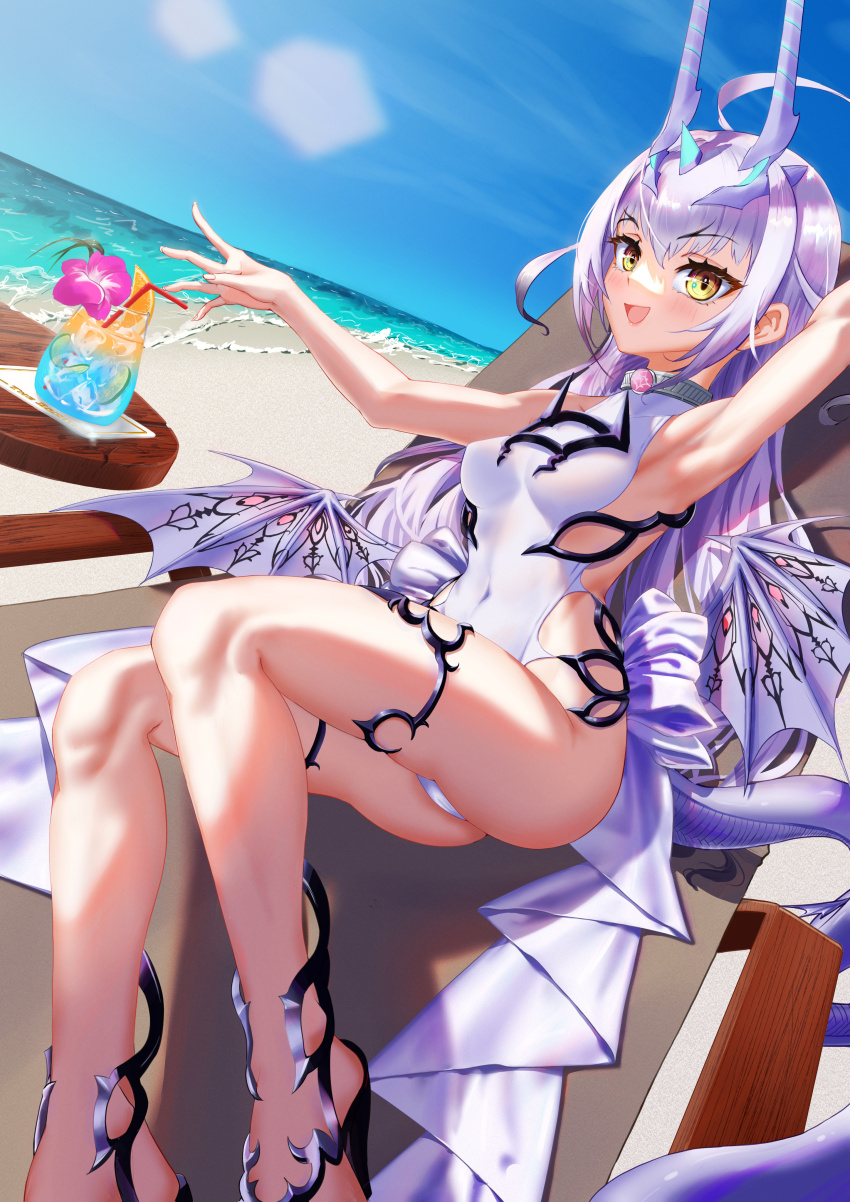 1girl, absurdres, ahoge, arm_up, armpits, atenderliver, bare_shoulders, beach, blue_sky, breasts, cup, dragon_tail, dragon_wings, drinking_glass, fate/grand_order, fate_(series), forked_eyebrows, high_heel_sandals, high_heels, highres, horns, jewelry, long_hair, looking_at_viewer, medium_breasts, melusine_(fate), melusine_(swimsuit_ruler)_(fate), melusine_(swimsuit_ruler)_(second_ascension)_(fate), one-piece_swimsuit, open_mouth, sandals, shore, sidelocks, sky, smile, solo, swimsuit, tail, thighlet, white_hair, white_one-piece_swimsuit, wings, yellow_eyes