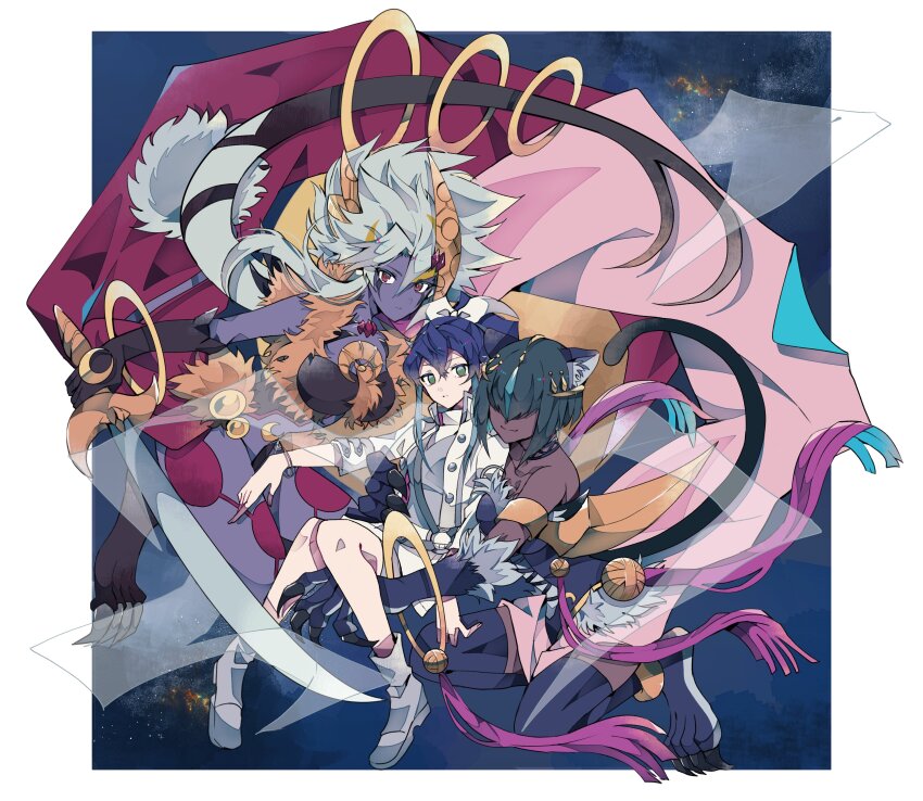 3girls, absurdres, alternate_color, bare_shoulders, breasts, cat_feet, cat_girl, claws