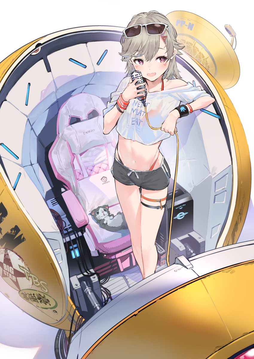 1girl, absurdres, bare_legs, belt, bikini, bikini_under_clothes, bikini_bottom_under_shorts, blush