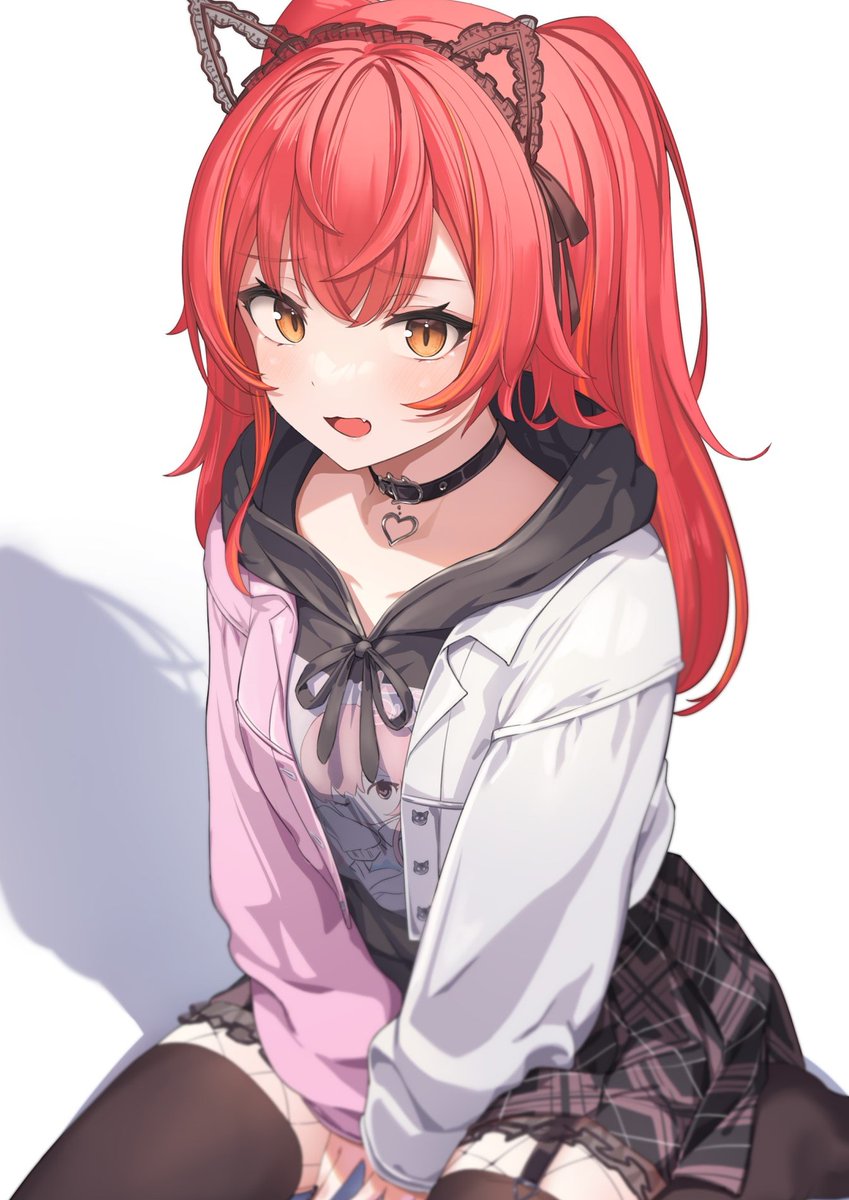 1girl, animal_ear_hairband, animal_ears, between_legs, black_hoodie, black_thighhighs, blush, breasts