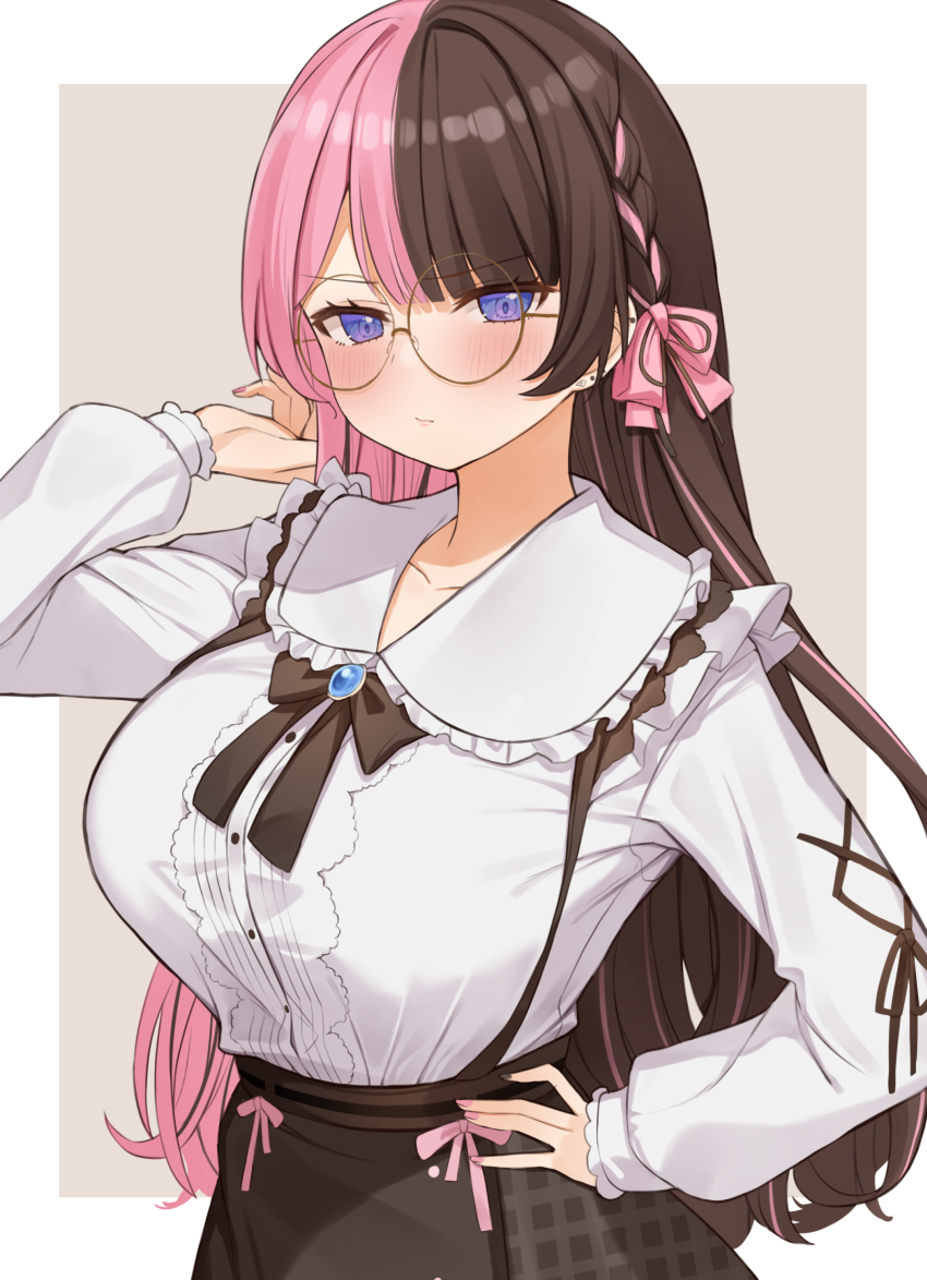 1girl, border, bow, breasts, brown_hair, choco_tanuki, glasses, hair_ribbon, hand_on_own_hip, highres, iris_black_games, large_breasts, long_hair, long_sleeves, looking_at_viewer, multicolored_hair, outside_border, pink_hair, purple_eyes, ribbon, round_eyewear, skirt, solo, split-color_hair, tachibana_hinano_(1st_costume), tachibana_hinano, two-tone_background, two-tone_hair, virtual_youtuber, vspo!, white_border