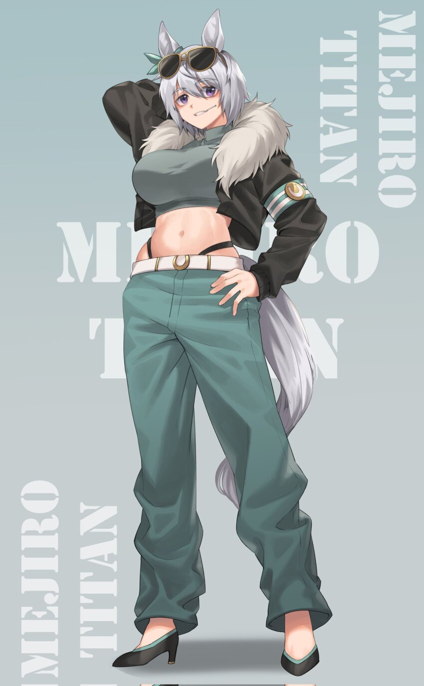 1girl, animal_ears, aqua_armband, arm_behind_head, armband, belt, black_footwear, black_jacket