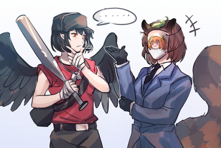 +++, ..., 2girls, animal_ears, backpack, bag, bandaged_hand, bandages, baseball_bat, bell, belt, belt_buckle, black_bag, black_belt, black_gloves, black_hair, black_headwear, black_necktie, black_pants, black_wings, blu_spy_(tf2), blue_jacket, blue_pants, blue_suit, blush_stickers, brown_hair, buckle, character_mask, chinese_commentary, closed_mouth, coattails, collared_shirt, commentary_request, cosplay, dog_tags, feathered_wings, formal_clothes, frown, futatsuiwa_mamizou, gloves, hair_bell, hair_ornament, hand_on_own_arm, hand_on_own_chin, hat, headset, holding, holding_baseball_bat, jacket, layered_sleeves, leaf, leaf_on_head, long_sleeves, looking_at_another, mask, motoori_kosuzu, multiple_girls, necktie, orange_hair, outstretched_hand, pants, pinstripe_pattern, pinstripe_suit, pointy_ears, raccoon_ears, raccoon_tail, red_eyes, red_scout_(tf2), red_shirt, scout_(tf2), scout_(tf2)_(cosplay), sdz_(inazuma), shameimaru_aya, shirt, short_hair, short_sleeves, smile, speech_bubble, spy_(tf2), spy_(tf2)_(cosplay), striped, suit, tail, tailcoat, team_fortress_2, touhou, twintails, upper_body, white_background, white_shirt, wings