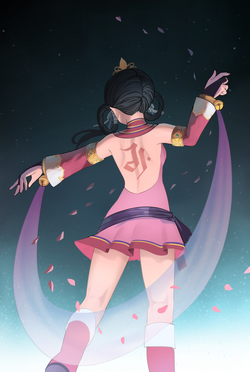 1girl, ace_attorney, back_tattoo, bare_shoulders, bell, black_hair, boots, bracelet