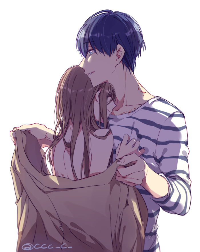 1boy, 1girl, a3!, ahoge, artist_name, bare_back, bare_shoulders, bite_mark