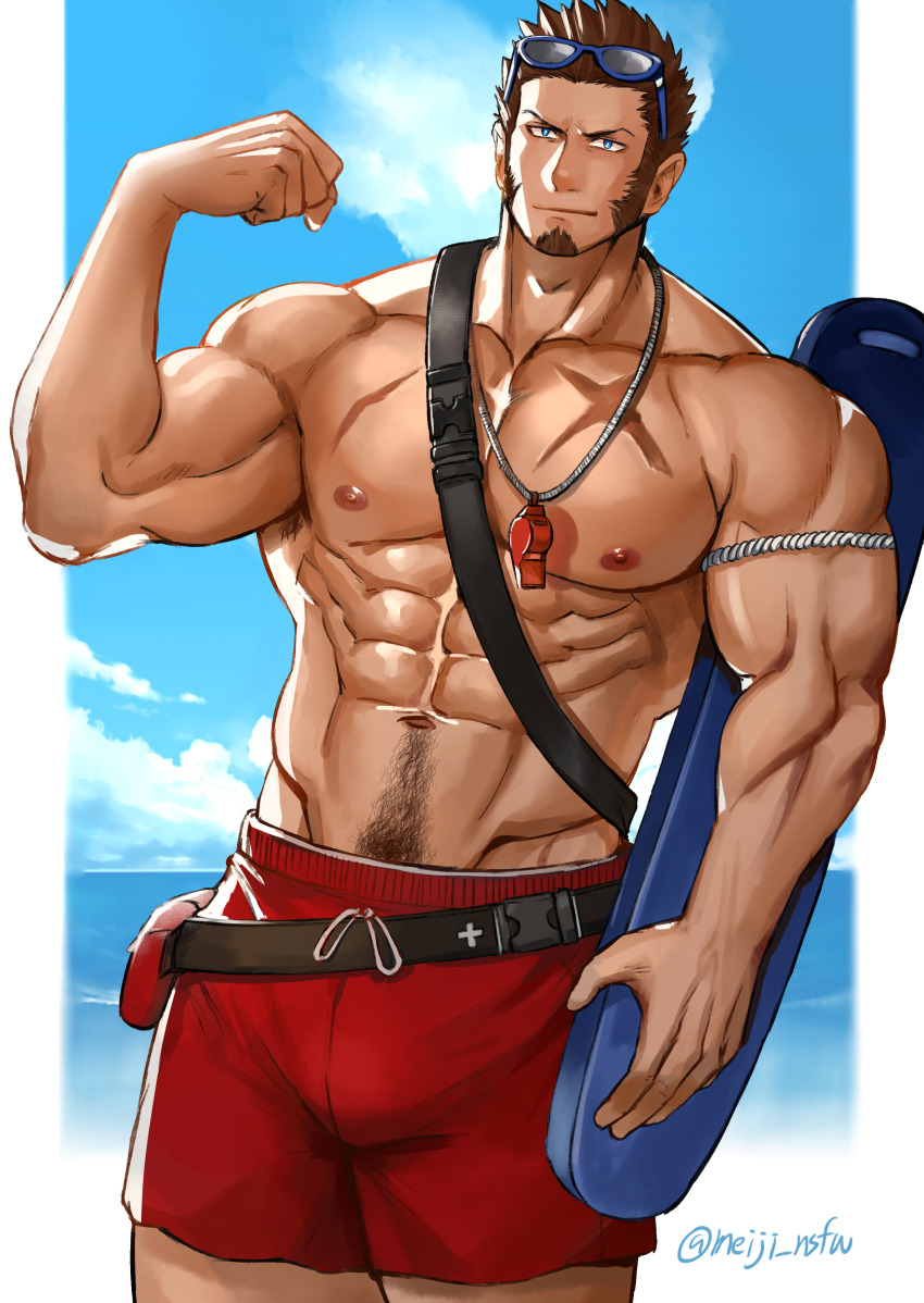 1boy, abs, absurdres, bara, beach, blue_eyes, brown_hair, bulge