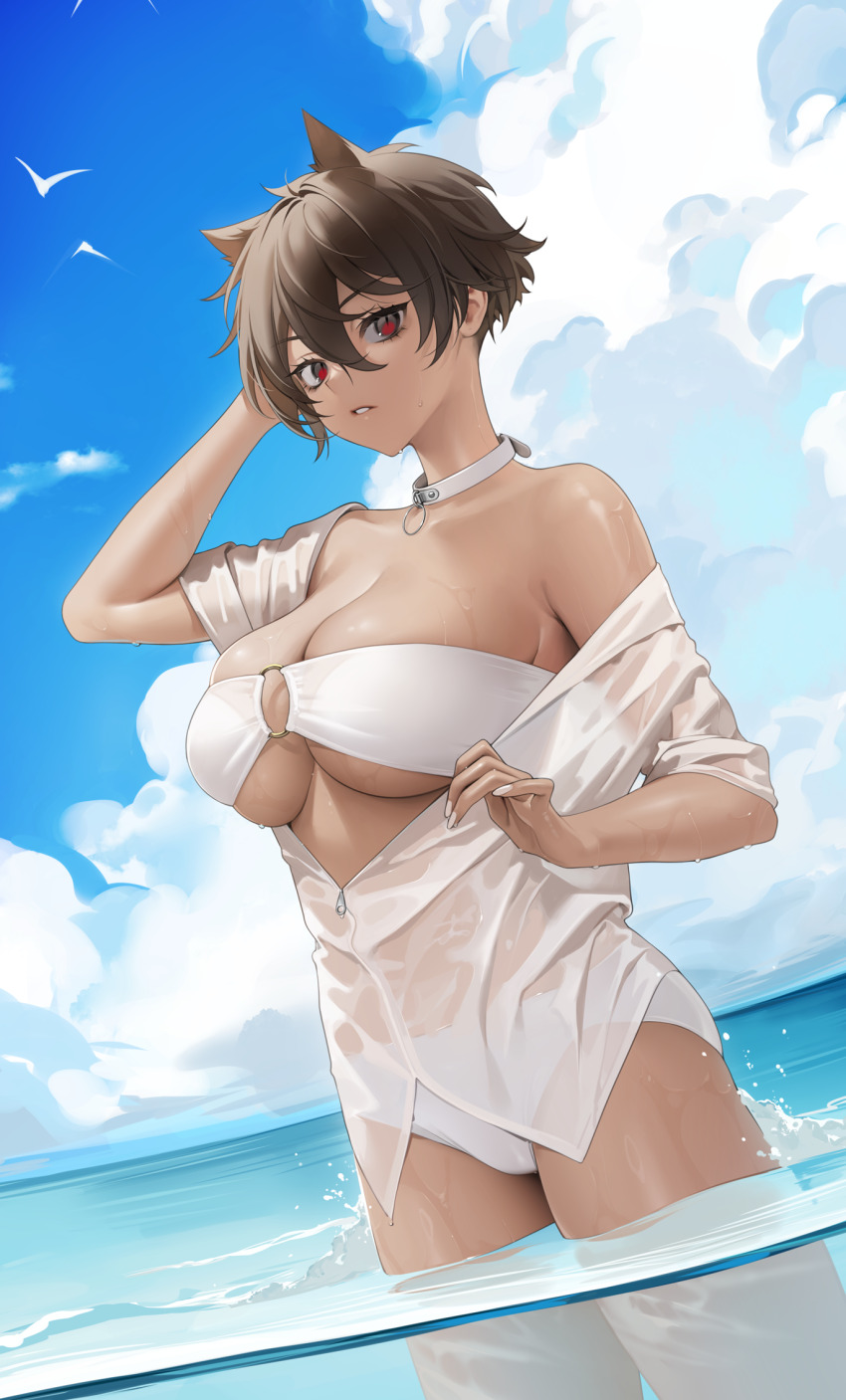 1girl, bikini, black_hair, blue_sky, breasts, brown_hair, choker, cleavage, cloud, dark-skinned_female, dark_skin, extra_ears, hair_between_eyes, highres, jacket, large_breasts, looking_at_viewer, micchan_(ohisashiburi), o-ring, o-ring_bikini, ohisashiburi, original, outdoors, partially_unzipped, short_hair, simple_bird, sky, solo, strapless, strapless_bikini, swimsuit, wading, water_drop, wet_jacket, white_bikini, white_choker, white_jacket