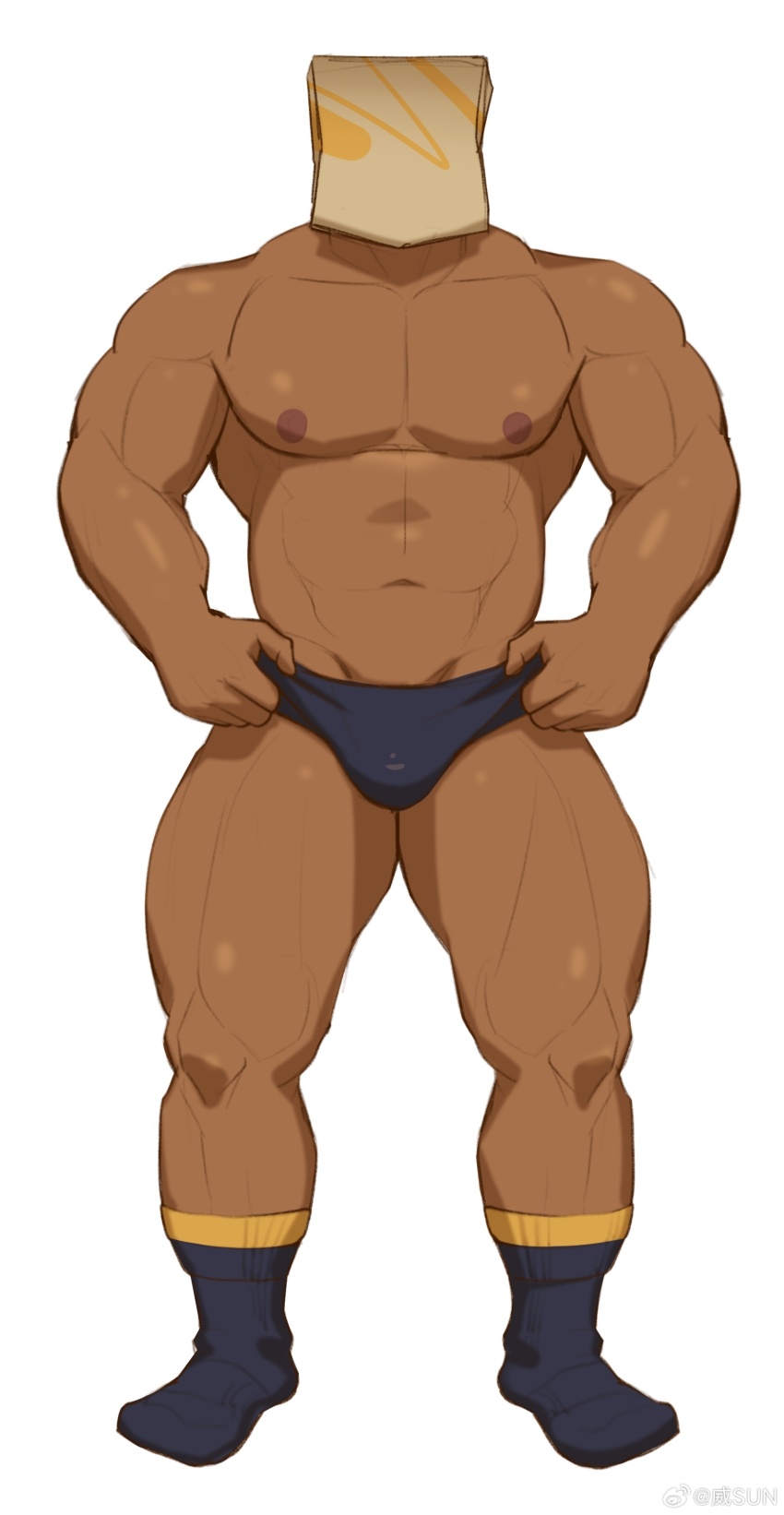 1boy, abs, absurdres, bag, bag_over_head, bara, black_socks, briefs, bulge, dark-skinned_male, dark_skin, facing_viewer, full_body, highres, large_pectorals, male_focus, male_underwear, male_underwear_lift, muscular, muscular_legs, muscular_male, navel, nipples, original, pectorals, shopping_bag, socks, solo, stomach, straight-on, strongman_waist, thighs, topless_male, underwear, weisun_(leoooliooon)