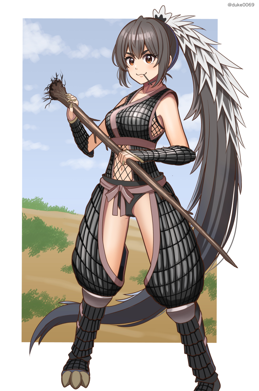 1girl, absurdly_long_hair, black_hair, bracer, breasts, fingernails, fishnet_top, fishnets, full_body, genderswap, genderswap_(mtf), godzilla, godzilla_(series), godzilla_vs._megalon_(1973), grey_nails, highres, holding, holding_weapon, humanization, long_fingernails, long_hair, medium_breasts, mouth_hold, navel, personification, ponytail, sharp_fingernails, smile, solo, stalk_in_mouth, standing, toho, very_long_hair, weapon, yuuki_koutarou